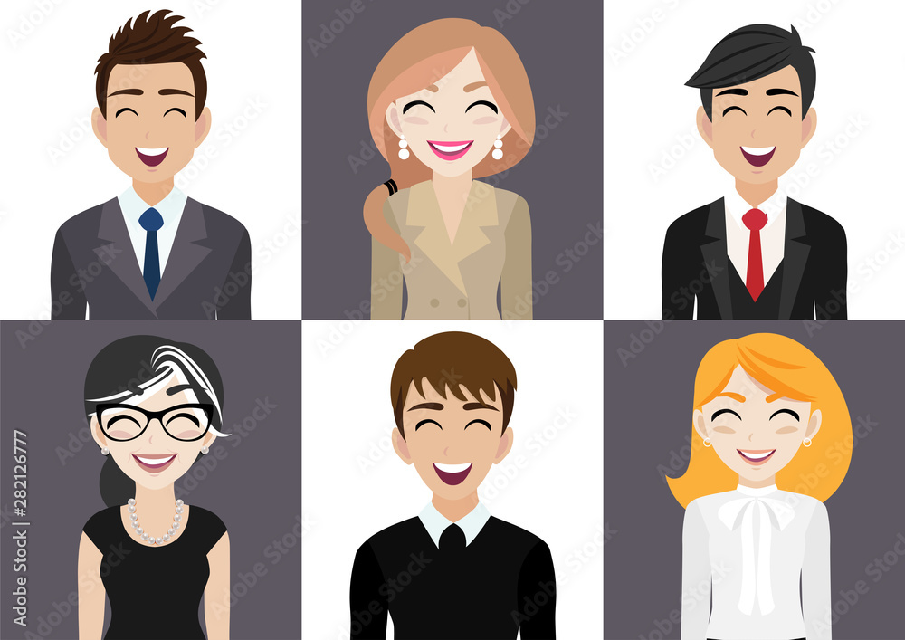Happy workplace with smiling men and women cartoon character in office clothes design vector