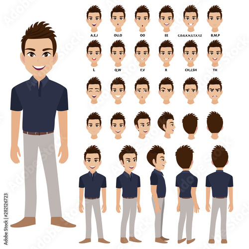 Cartoon character with business man in casual wear for animation. Front, side, back, 3-4 view character. Separate parts of body. Flat vector illustration.