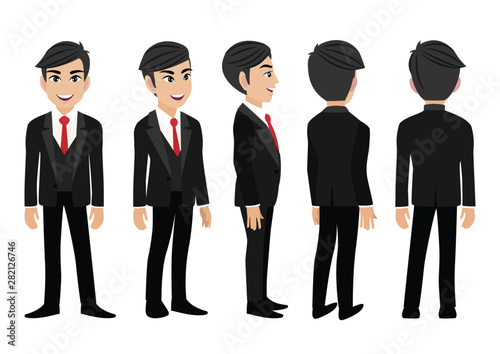 Cartoon character with business man. Front, side, back, 3-4 view animated character. Flat vector illustration.
