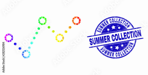 Pixelated spectral dotted trend chart mosaic icon and Summer Collection seal stamp. Blue vector round textured seal stamp with Summer Collection text. Vector combination in flat style.
