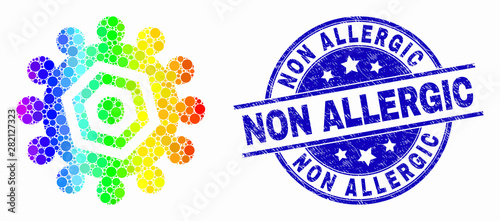 Dotted bright spectral gear mosaic pictogram and Non Allergic seal stamp. Blue vector rounded textured stamp with Non Allergic text. Vector collage in flat style.