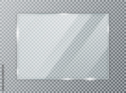 Glass plate on transparent background. Acrylic and glass texture with glares and light. Realistic transparent glass window in rectangle frame