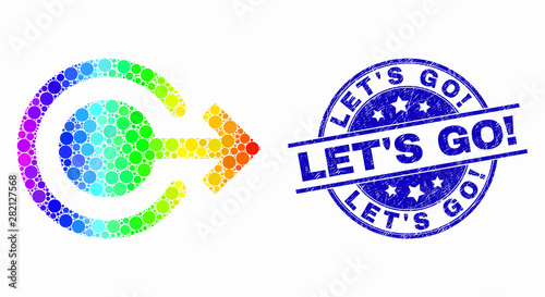 Pixel spectral logout mosaic icon and Let'S Go! stamp. Blue vector rounded textured stamp with Let'S Go! text. Vector composition in flat style. Spectral gradiented logout mosaic of random circles,