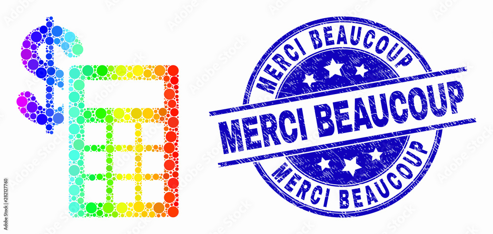 Obraz premium Pixel bright spectral financial calculator mosaic pictogram and Merci Beaucoup stamp. Blue vector round textured seal stamp with Merci Beaucoup caption. Vector composition in flat style.