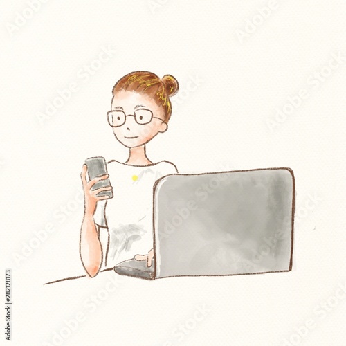 woman in white shirt using laptop and smartphone