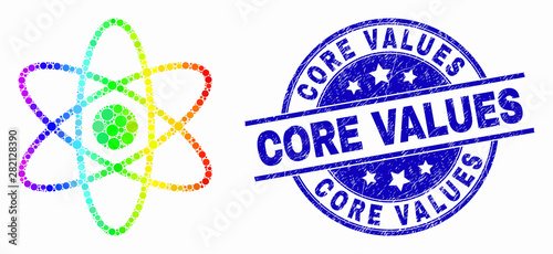 Pixelated spectrum atom mosaic icon and Core Values seal stamp. Blue vector round textured seal stamp with Core Values text. Vector collage in flat style.