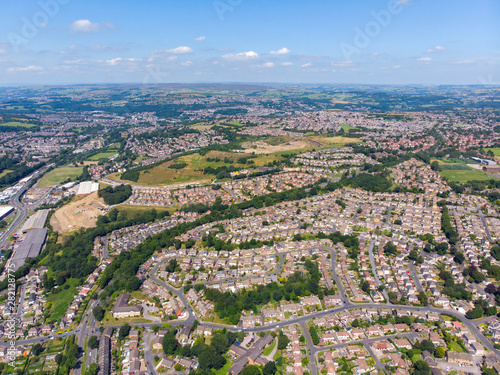 Aerial photo of the British West Yorkshire town of Bradford, showing a typical housing estate in the heart of the city, taken with a drone on a bright sunny day photo