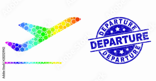 Pixelated spectral airplane departure mosaic pictogram and Departure seal. Blue vector round scratched seal with Departure caption. Vector collage in flat style.