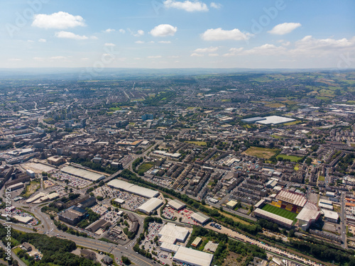 Aerial photo of the British West Yorkshire town of Bradford  showing a typical housing estate in the heart of the city  taken with a drone on a bright sunny day