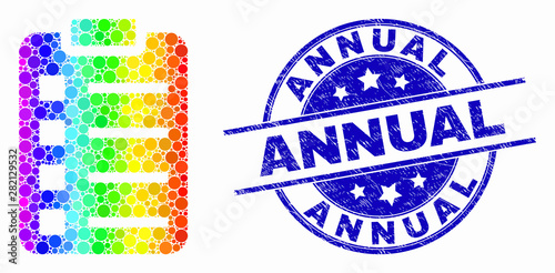Pixel rainbow gradiented items pad mosaic icon and Annual seal. Blue vector rounded distress stamp with Annual text. Vector collage in flat style.