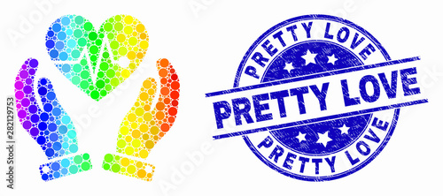 Dotted spectral heart surgery care hands mosaic icon and Pretty Love seal stamp. Blue vector round distress seal with Pretty Love phrase. Vector composition in flat style.