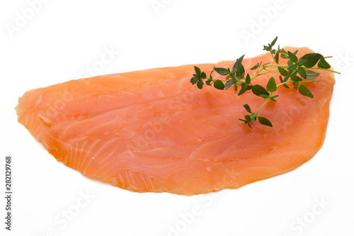 Fresh salmon slice and spice on the white background.