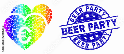 Pixelated spectrum euro love hearts mosaic pictogram and Beer Party seal stamp. Blue vector rounded textured stamp with Beer Party message. Vector composition in flat style.