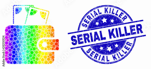 Pixelated bright spectral cash purse mosaic icon and Serial Killer stamp. Blue vector rounded scratched stamp with Serial Killer title. Vector composition in flat style.