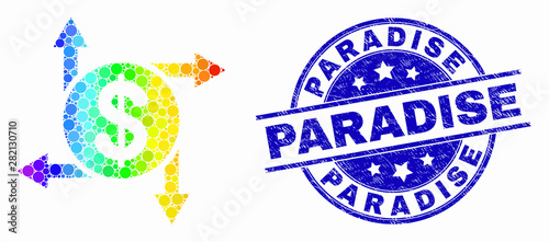 Dot rainbow gradiented dollar emission mosaic pictogram and Paradise seal stamp. Blue vector rounded distress seal stamp with Paradise caption. Vector composition in flat style.