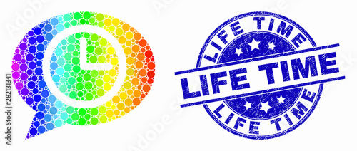 Dot bright spectral clock message balloon mosaic icon and Life Time seal stamp. Blue vector round distress seal stamp with Life Time text. Vector combination in flat style.