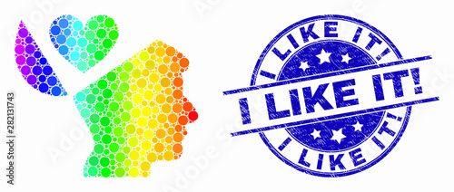 Pixel rainbow gradiented favourites open mind mosaic pictogram and I Like It! seal. Blue vector rounded scratched seal stamp with I Like It! text. Vector composition in flat style.