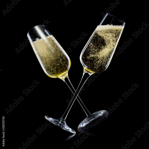 Set of luxury champagne glasses on isolated on a black background