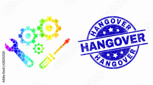 Pixel spectral instrumental tools mosaic icon and Hangover watermark. Blue vector round scratched watermark with Hangover message. Vector collage in flat style.