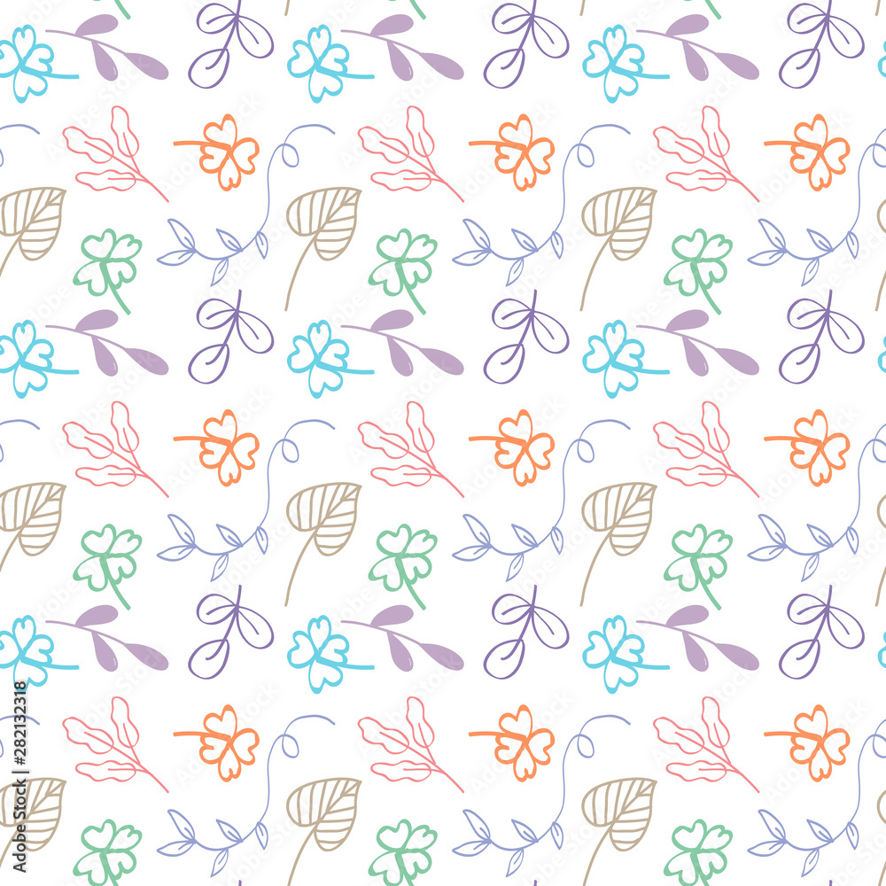 Doodle floral leaves line drawn decorative seamless pattern