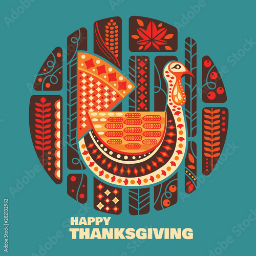 Happy Thanksgiving turkeys and decoration with design element set