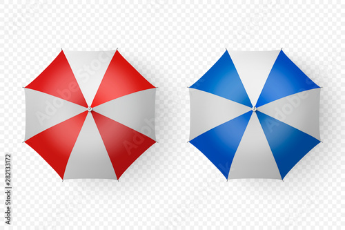 Vector 3d Realistic Render White, Red, Blue Strip Blank Umbrella Icon Set Closeup Isolated on Transparent Background. Design Template of Opened Parasols for Mock-up, Branding, Advertise etc. Top View