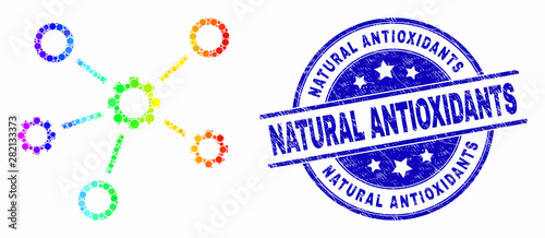 Dotted rainbow gradiented gear links mosaic icon and Natural Antioxidants seal stamp. Blue vector rounded scratched seal with Natural Antioxidants title. Vector collage in flat style.