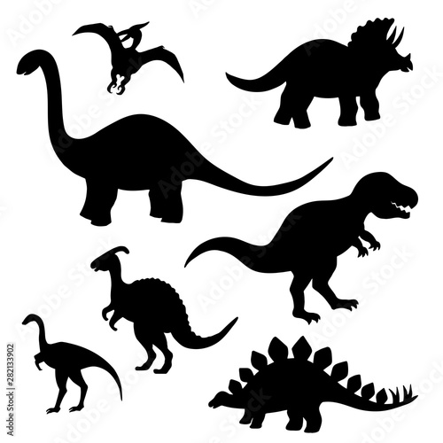 Set of black dinosaur silhouettes on white background
