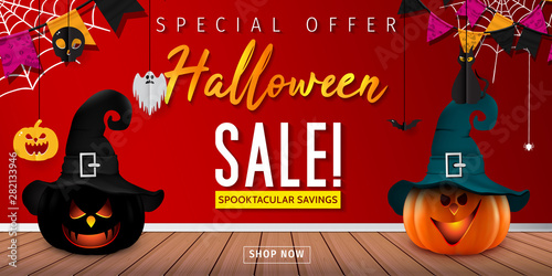Hallowen Sale vector illustration with pumpkin head. Halloween special offer.