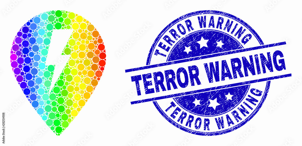 Dot spectrum electric map marker mosaic pictogram and Terror Warning seal. Blue vector round textured seal with Terror Warning message. Vector collage in flat style.