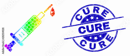 Pixel bright spectral blood syringe mosaic pictogram and Cure seal. Blue vector rounded grunge stamp with Cure caption. Vector collage in flat style.