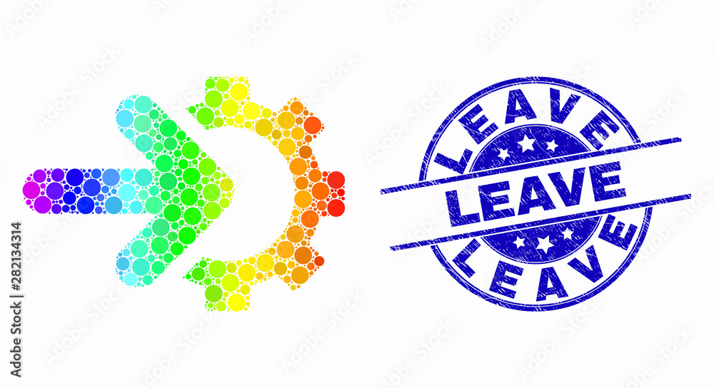 Dot rainbow gradiented integration gear mosaic icon and Leave seal stamp. Blue vector round grunge seal stamp with Leave text. Vector composition in flat style. Dot rainbow gradiented integration gear mosaic icon and Leave seal stamp. Blue vector round grunge seal stamp with Leave text. Vector composition in flat style.