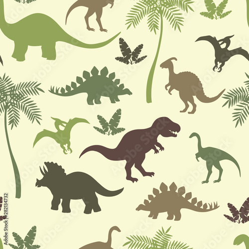 Seamless pattern with colorful dinosaur silhouettes