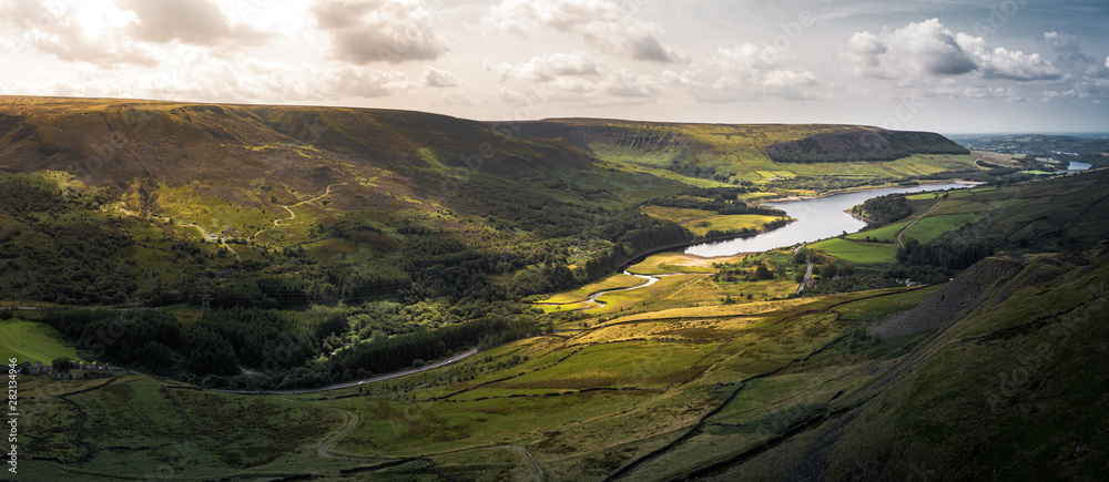 © Piranhi - Stunning aerial panoramic shot of the Peak District National Park at the Woodhead to Torside reservoirs showing the streams of water connecting the two