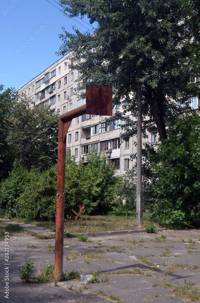 Modern ghetto. Depressive district. Residential area in Kiev at summer. Exterior Modern ghetto. Depressive district. Residential area in Kiev at summer. Exterior