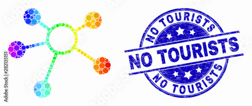 Dot bright spectral links mosaic pictogram and No Tourists stamp. Blue vector round textured stamp with No Tourists phrase. Vector combination in flat style.