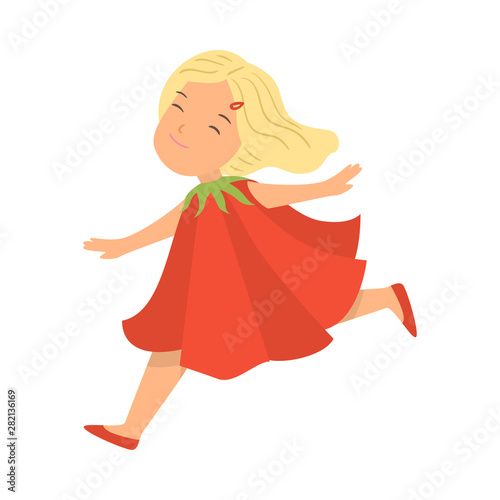 Cute blonde hair girl running in flower poppy dress