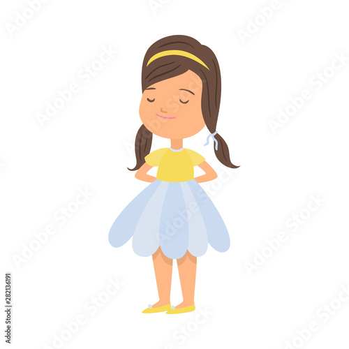 Cute smiling girl in blue yellow flower clothes