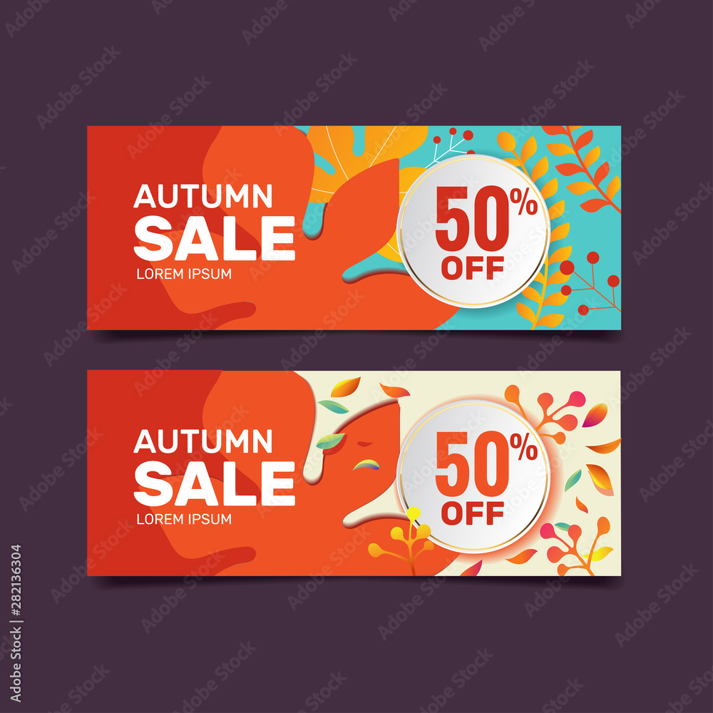 Fall Sale Banner template with leaves background and gold ring. Autumn Sale Season 