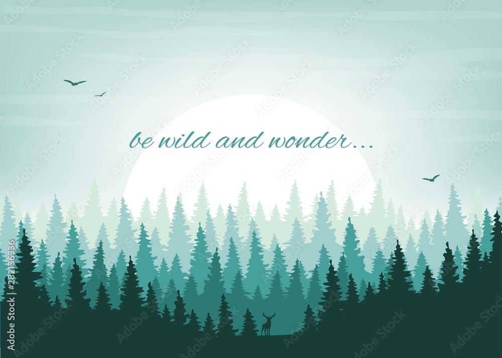 Be wild and wander. Vector landscape. Silhouettes of the mountains, slopes, relief and forest