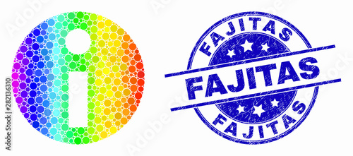 Pixel spectrum information mosaic icon and Fajitas seal stamp. Blue vector rounded textured stamp with Fajitas phrase. Vector combination in flat style.