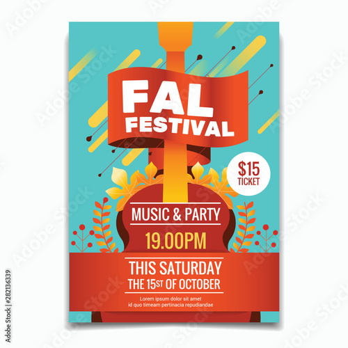 Fall Festival flyer or poster template. Autumn Maple leaves and guitar background
