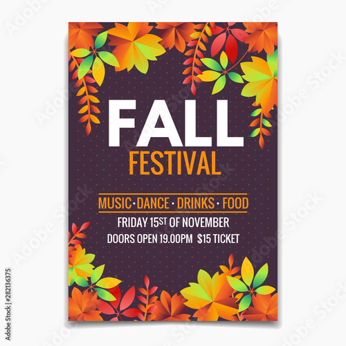 Fall Festival flyer or poster template. Bright autumn leaves on dark background