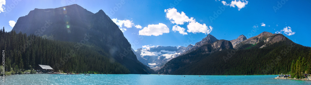 Blinding turquoise view of the Lake Louise in the Rocky Mountains, Banff National Park, Alberta, Canada.