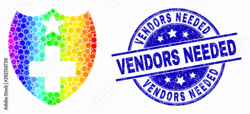 Dot bright spectral medical shield mosaic pictogram and Vendors Needed seal stamp. Blue vector rounded distress seal stamp with Vendors Needed phrase. Vector composition in flat style.