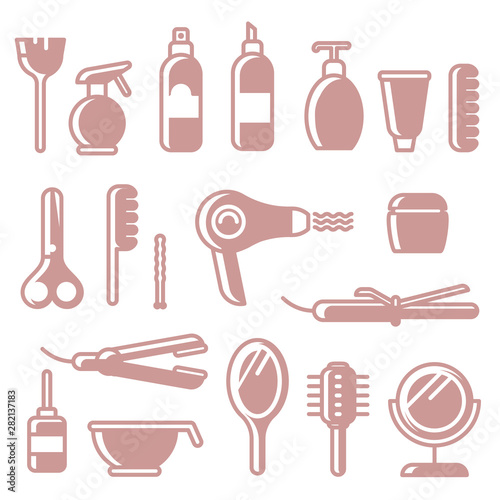Hair care accessories and instruments icons set