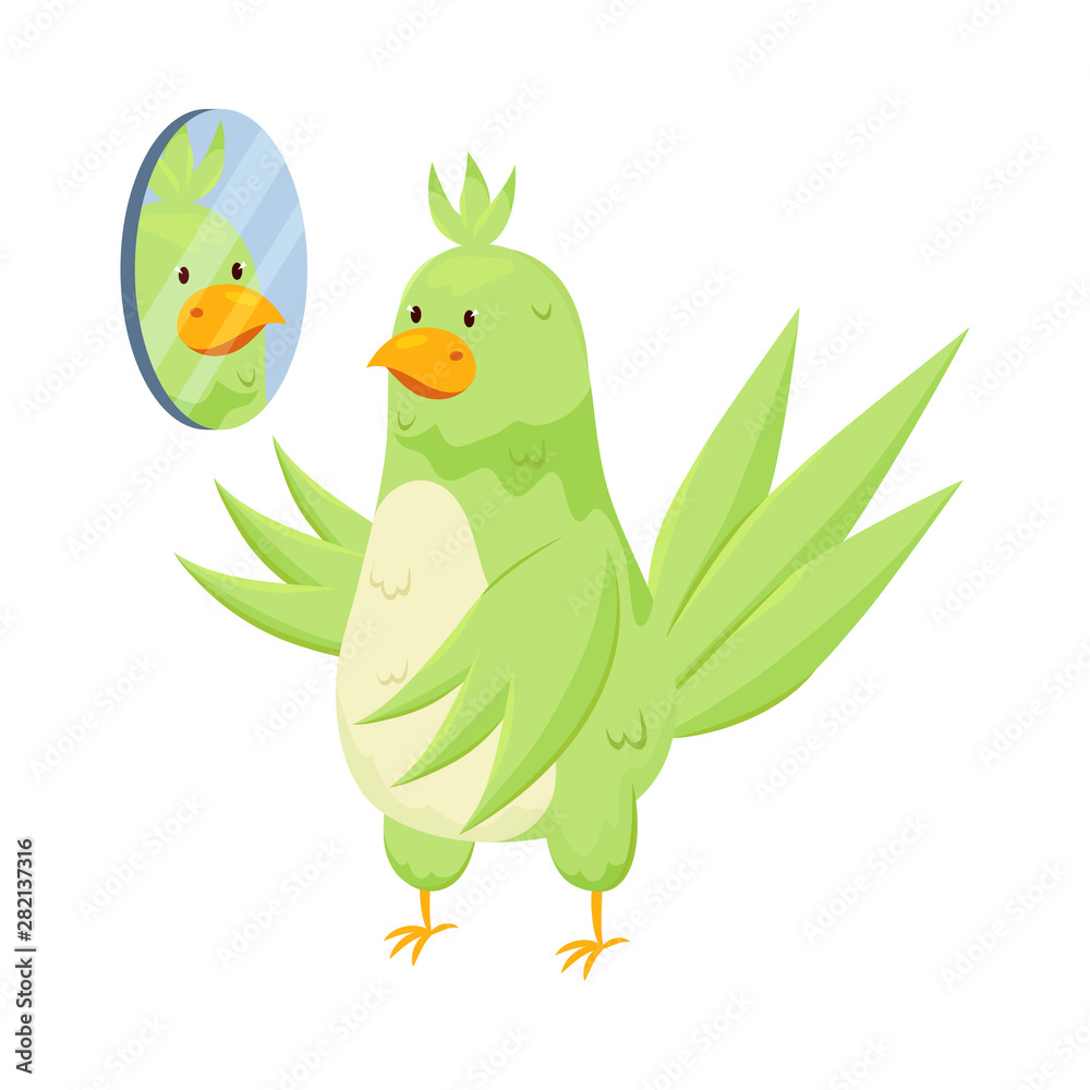Fototapeta premium Adorable green tropical parrot is looking in room mirror