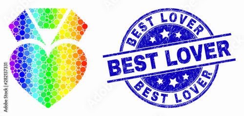 Pixelated spectral heart award mosaic pictogram and Best Lover seal. Blue vector round textured seal stamp with Best Lover title. Vector combination in flat style.