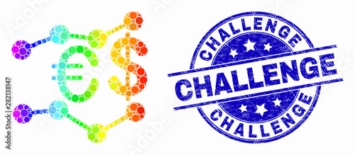 Pixelated spectral financial trends mosaic icon and Challenge seal stamp. Blue vector round grunge seal stamp with Challenge text. Vector composition in flat style.