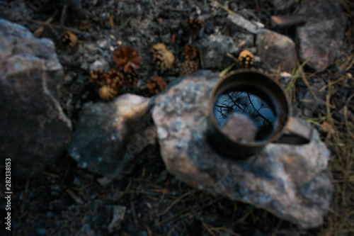 Cup of coffee by the fire with reflection of pine branches